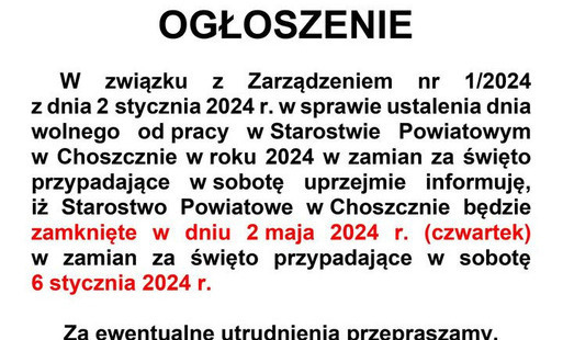 Zdjęcie do 2 maja 2024r. dniem wolnym od pracy