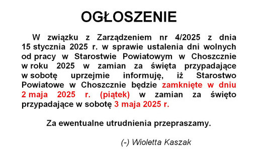 Zdjęcie do 2 maja 2024r. dniem wolnym od pracy