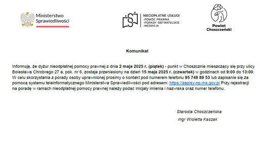 Zdjęcie do Zmiany termin&oacute;w dyżuru nieodpłatnej pomocy prawnej w dniu 2 maja 2025 r.  w Choszcznie i Reczu
